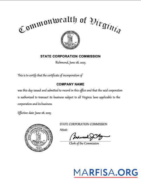 Blank USA Virginia certificate of incorporation Word and PDF template